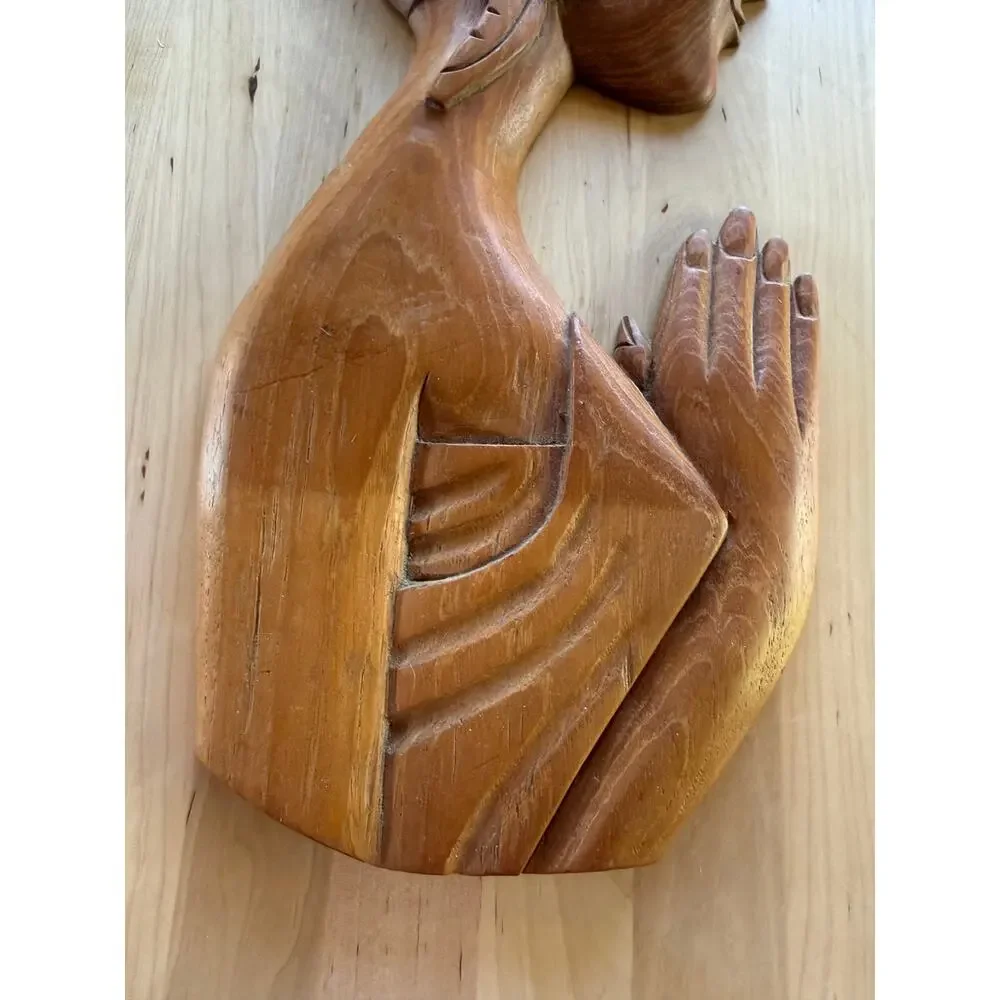 MCM VINTAGE Thai Teak Wood Carving Praying Woman Wai Wall Plaque Art Decor